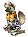  2017 anthro arrow bracelet breasts clothed clothing ear_piercing english_text female green_eyes grey_hair hair hyena jewelry mammal michele_light nipple_bulge piercing simple_background skimpy solo striped_hyena text under_boob white_background 