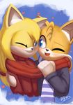  &lt;3 2017 anthro blue_eyes blush burgerkiss canine clothed clothing duo english_text female fox fur hair hi_res hug long_hair male mammal miles_prower one_eye_closed open_mouth open_smile ponytail romantic_couple scarf signature smile sonic_(series) sonic_boom text video_games white_fur wink yellow_fur zooey_the_fox 