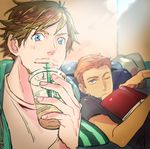  beard blue_eyes blush book brown_hair drinking drinking_straw emil_nekola facial_hair male_focus michele_crispino multiple_boys one_eye_closed pillow purple_eyes shuuko_(sssssdsn_a) teeth upper_body yuri!!!_on_ice 