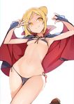  :3 armpits arms_up ataruman bikini black_bikini blonde_hair breasts cameltoe cape commentary_request demi-chan_wa_kataritai fang fang_out groin highres hips leg_up navel orange_eyes panties pose side-tie_panties simple_background small_breasts smile solo stomach string_bikini swimsuit takanashi_hikari underboob underwear v vampire wavy_mouth white_background wide_hips 