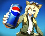  animal_ears blonde_hair blush can carla_j_luksic film_grain foreshortening goggles goggles_on_head grin holding long_hair looking_at_viewer looking_down low-tied_long_hair military military_uniform noble_witches one_eye_closed pepsi purple_eyes scarf shiratama_(hockey) sky smile solo twintails uniform upper_body world_witches_series 