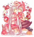  animal_hood bangs black_skirt bunny_hood candy character_name checkerboard_cookie closed_mouth commentary_request cookie copyright_name doughnut food fork frills from_side gloves grey_eyes grey_hair hatsune_miku highres holding_hands hood interlocked_fingers kneeling long_hair long_sleeves looking_at_viewer lots_of_laugh_(vocaloid) multiple_girls pancake parted_lips pink_gloves pink_skirt sailor_collar school_uniform serafuku short_sleeves sidelocks skirt stuffed_animal stuffed_bunny stuffed_toy sweets symmetry twintails very_long_hair vocaloid yasiromann 