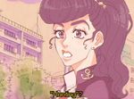  1girl anchor_symbol building derivative_work earrings eyebrows eyelashes genderswap genderswap_(mtf) higashikata_jousuke jewelry jojo_no_kimyou_na_bouken open_mouth pompadour ponytail portrait purple_eyes purple_hair screencap_redraw solo stud_earrings tree wallfloristry 