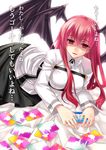  apple_inc. bed_sheet black_skirt black_wings bow breasts chaldea_uniform cosplay demon_wings empty_eyes eyebrows_visible_through_hair fate/grand_order fate_(series) fujimaru_ritsuka_(female) fujimaru_ritsuka_(female)_(cosplay) gift_card hair_bow highres koakuma large_breasts long_hair parted_lips red_eyes red_hair sato-pon shirt simple_background skirt smile solo touhou translation_request uniform very_long_hair white_background white_shirt wings 