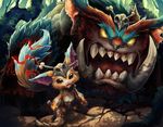  boomerang gnar_(league_of_legends) hatiue_(hachi) league_of_legends loincloth no_humans open_mouth outdoors skull_helmet standing yellow_eyes yordle 