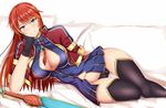  black_gloves black_panties blue_eyes blush braid breasts cameltoe chin_rest cleavage cleavage_cutout gloves highres large_breasts long_hair looking_at_viewer lying navel on_side otono_fei panties re:creators red_hair selesia_upitiria smile sword thigh_gap thighhighs twin_braids underwear weapon wide_hips 