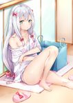  :t absurdres adrenaline!!! aqua_eyes bangs barefoot basket blue_panties blush bow closed_mouth clothes_writing collarbone commentary_request copyright_name eromanga_sensei eyebrows_visible_through_hair hair_bow highres izumi_sagiri knee_up long_hair looking_at_viewer low-tied_long_hair off_shoulder panties pink_bow polka_dot polka_dot_panties pout short_sleeves silver_hair sitting slippers_removed solo thighs underwear v-shaped_eyebrows yoshida_iyo 