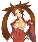  1girl bare_shoulders blush breasts breasts_outside brown_eyes brown_hair china_dress chinese_clothes collarbones cowboy_shot eyebrows eyelashes guilty_gear guilty_gear_xrd hair_ornament hair_rings hairclip hand_on_hip kuradoberi_jam large_breasts long_hair open_clothes purplevortex skirt smile solo sweat sweatdrop upper_body very_long_hair white_background 