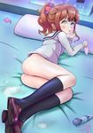  1girl ass bed black_legwear blush bottomless brown_hair closed_mouth condom condom_wrapper eromanga_sensei female hitachi_magic_wand holding holding_condom jinno_megumi jkjkjkjkjkjkjkjk kneehighs legs_together long_sleeves looking_at_viewer lying no_panties on_bed on_side pillow ponytail pussy_juice school_uniform sex_toy shirt shoes smile solo tongue tongue_out used_condom vibrator white_shirt 