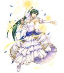  armpits bangs bare_shoulders bouquet breasts bridal_gauntlets bridal_veil bride bride_(fire_emblem) candle detached_collar dress earrings fire_emblem fire_emblem:_rekka_no_ken fire_emblem_heroes flower full_body green_eyes green_hair hair_flower hair_ornament high_ponytail highres holding jewelry long_hair looking_away lyndis_(fire_emblem) magic medium_breasts necklace official_art petals ponytail smile solo sparkle strapless strapless_dress transparent_background veil very_long_hair weapon wedding_dress white_dress yamada_koutarou 