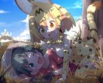  :d ;d all_fours animal_ears bare_shoulders black_gloves black_hair blonde_hair blue_sky blush breast_press breasts cloud commentary dappled_sunlight day elbow_gloves fang gloves grass green_eyes hat hat_feather kaban_(kemono_friends) kemono_friends lying makuran medium_breasts mountain multiple_girls on_ground one_eye_closed open_mouth outdoors print_gloves print_legwear print_neckwear print_skirt red_shirt sandstar serval_(kemono_friends) serval_ears serval_print serval_tail shade shirt short_hair skirt sky sleeveless sleeveless_shirt smile straddling striped_tail sunlight tail thighhighs tree under_tree v-shaped_eyebrows white_shirt yellow_eyes yuri 