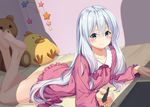  :t bangs barefoot baseness bedroom blue_eyes blush closed_mouth collarbone commentary_request eromanga_sensei error frills hair_between_eyes highres holding izumi_sagiri long_hair long_sleeves looking_at_viewer low-tied_long_hair lying no_pants on_bed on_stomach pajamas pout shiny shiny_hair silver_hair soles solo stuffed_animal stuffed_chicken stuffed_toy stylus tablet teddy_bear thighs 