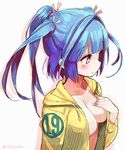  blue_hair commentary hood hoodie i-19_(kantai_collection) kantai_collection looking_to_the_side naked_hoodie no_bra number simple_background solo star star-shaped_pupils suka symbol-shaped_pupils tri_tails twitter_username 
