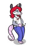  anthro barefoot cigarette clothed clothing earbuds fangs frown girly hair headphones jeans long_hair looking_away male mammal marsupial opossum pants red_hair robin_(rusheloc) rusheloc solo wide_hips 