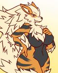  anthro arcanine big_breasts big_tail breasts canine chest_tuft digital_media_(artwork) female fur hair hand_on_breast hand_on_hip long_hair looking_at_viewer mammal nintendo nude orange_fur pok&eacute;mon rakkuguy simple_background smile solo standing stripes teeth thick_thighs tuft video_games voluptuous wide_hips 