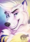  2017 anthro biped black_lips black_nose blue_eyes blue_fur blue_markings bust_portrait canine cheek_tuft digital_media_(artwork) ear_markings eyebrows facial_markings fahleir front_view fur hair lips looking_at_viewer male mammal markings multicolored_fur portrait rainbow_background raised_eyebrow silvixen simple_background smile smirk snout solo teeth tuft ulric_arnoux watermark white_fur white_hair wolf yellow_fur 