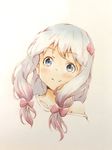  blue_eyes blush bow closed_mouth collarbone colored_pencil_(medium) commentary_request eromanga_sensei eyebrows_visible_through_hair face hair_bow highres izumi_sagiri long_hair looking_at_viewer pink_bow portrait shirt silver_hair simple_background smile solo to_ufu@to_ufu traditional_media 