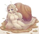  2016 anthro blue_eyes breasts brown_body dunceneygak female gastropod grass navel open_mouth shell simple_background slime snail solo white_background 