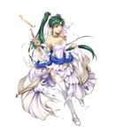  bangs bare_shoulders breasts bridal_gauntlets bride bride_(fire_emblem) candle detached_collar dress earrings fire_emblem fire_emblem:_rekka_no_ken fire_emblem_heroes flower full_body green_eyes green_hair hair_flower hair_ornament highres holding jewelry long_hair looking_away lyndis_(fire_emblem) medium_breasts necklace official_art ponytail skirt_hold solo strapless strapless_dress torn_clothes transparent_background very_long_hair wedding_dress white_dress white_legwear yamada_koutarou 