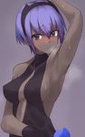  arm_up armpits bangs black_gloves black_hairband black_leotard blush breasts center_opening collarbone dark_skin embarrassed fate/grand_order fate_(series) gloves hair_between_eyes hairband hassan_of_serenity_(fate) heavy_breathing leotard medium_breasts nose_blush open_mouth purple_background purple_eyes purple_hair short_hair shunichi sideboob simple_background solo sweat upper_body 