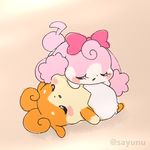  2017 anthro clothed clothing cocotama duo eyelashes eyes_closed female female_on_top fur himitsu_no_cocotama luckytama lying male melory multicolored_fur on_back on_top open_mouth orange_fur panties pink_fur sayunu sleeping tan_fur two_tone_fur underwear white_fur 