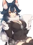  :3 :d animal_ears between_breasts black_hair blue_eyes blush breasts commentary_request cowboy_shot gloves grey_skirt grey_wolf_(kemono_friends) hair_flaps hands_up heterochromia holding holding_paper holding_pencil kemono_friends large_breasts multicolored_hair necktie necktie_between_breasts open_mouth paper pencil plaid plaid_neckwear plaid_skirt sitting skirt smile solo thighhighs two-tone_hair white_gloves white_hair yamaarashi yellow_eyes 