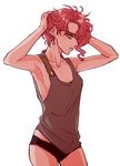  black_panties collarbone earrings flat_chest frown genderswap genderswap_(mtf) hand_on_own_head jewelry jojo_no_kimyou_na_bouken kakyouin_noriaki panties profile purple_eyes red_hair scar scar_across_eye solo stardust_crusaders tank_top underwear wallfloristry 