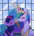  2017 blush dessert duo equine eyes_closed feathered_wings feathers female feral food friendship_is_magic glowing hair hi_res horn ice_cream licking long_hair magic mammal momomistress multicolored_hair my_little_pony princess_celestia_(mlp) purple_feathers tongue tongue_out twilight_sparkle_(mlp) white_feathers winged_unicorn wings 