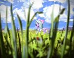  2017 cloud cutie_mark equine feathered_wings feathers female feral flitter_(mlp) friendship_is_magic grass hair hair_bow hair_ribbon lying mammal mirroredsea my_little_pony nature on_front outside pegasus purple_eyes purple_feathers ribbons sky solo wings 