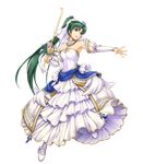  armpits bangs bare_shoulders breasts bridal_gauntlets bride bride_(fire_emblem) candle dress earrings fire_emblem fire_emblem:_rekka_no_ken fire_emblem_heroes flower full_body green_eyes green_hair hair_flower hair_ornament high_ponytail highres holding jewelry long_hair looking_at_viewer looking_away lyndis_(fire_emblem) medium_breasts necklace official_art open_mouth ponytail smile solo strapless strapless_dress transparent_background very_long_hair wedding_dress white_dress yamada_koutarou 