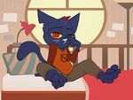  2017 3_toes anthro bed cat clothed clothing feet feline female humanoid_feet inside kuroi_wolf lamp looking_at_viewer mae_(nitw) mammal night_in_the_woods on_bed one_eye_closed soles solo sweat toes 