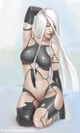  arm_over_head arm_up artist_name blue_eyes breasts closed_mouth elbow_gloves emanuel_mendez gloves highres lips long_hair medium_breasts mole mole_under_mouth nier_(series) nier_automata nose patreon_username signature solo watermark web_address white_hair yorha_type_a_no._2 