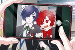  1girl blue_eyes blue_hair cellphone cellphone_picture female_protagonist_(persona_3) hair_ornament persona persona_3 persona_3_portable phone red_eyes red_hair ribbon school_uniform smile taking_picture yutechi yuuki_makoto 