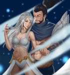  1girl abs absurdres black_hair blue_eyes capelet closed_eyes commentary_request facial_hair hetero highres holding_hands janna_windforce kokoala league_of_legends long_hair midriff muscle pointy_ears ponytail scar standing white_hair yasuo_(league_of_legends) 