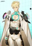  alphago black_gloves blonde_hair blue_eyes bodysuit cape character_name cowboy_shot gloves google hand_on_own_chest jacket_on_shoulders looking_at_viewer male_focus mecha_danshi personification revealing_clothes signature smile solo yang-do 