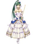  bangs bare_shoulders breasts bridal_veil bride bride_(fire_emblem) candle collarbone detached_collar dress earrings fire_emblem fire_emblem:_rekka_no_ken fire_emblem_heroes flower full_body green_eyes green_hair hair_flower hair_ornament high_ponytail highres holding jewelry long_hair looking_at_viewer lyndis_(fire_emblem) medium_breasts necklace official_art ponytail sleeveless sleeveless_dress smile solo strapless strapless_dress transparent_background veil very_long_hair weapon wedding_dress white_dress yamada_koutarou 