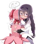  akemi_homura alknasn black_hair blush braid capelet dress embarrassed glasses hair_ribbon hairband hug kaname_madoka long_hair magical_girl mahou_shoujo_madoka_magica multiple_girls pink_dress pink_hair purple_eyes ribbon teardrop twin_braids x_x 