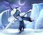  2017 ambiguous_gender blue_eyes blue_fur detailed_background equine eyelashes feral friendship_is_magic fur hair holding_object holding_weapon horn ice magnaluna mammal melee_weapon moon my_little_pony night princess_luna_(mlp) solo standing sword weapon white_hair winged_unicorn wings 