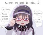  akemi_homura alknasn black_hair blush braid capelet comic embarrassed english glasses hairband holding holding_eyewear long_hair magical_girl mahou_shoujo_madoka_magica purple_eyes solo twin_braids 