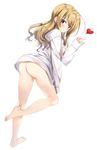  :&lt; alternate_hairstyle ass bangs barefoot blonde_hair blush bottomless breasts breasts_outside closed_mouth colored_eyelashes dress_shirt embarrassed feet from_side full_body hair_down hand_up heart highres isosaki_iori kneepits leaning_forward leg_lift leg_up legs long_hair long_sleeves looking_at_viewer looking_back naked_shirt nipples no_bra oversized_clothes oversized_shirt raised_eyebrows red_eyes shirt sidelocks simple_background sleeves_past_wrists small_breasts solo spoken_heart standing standing_on_one_leg taimanin_(series) taimanin_asagi_kessen_arena wavy_hair white_background white_shirt zinno 