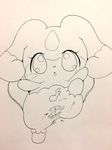 2017 anthro clothed clothing cocotama eyelashes featureless_limbs female hi_res himitsu_no_cocotama looking_at_viewer monochrome musical_note open_mouth panties raised_leg simple_background sketch solo tatwuyan teppuru_(cocotama) torn_clothing underwear white_background 