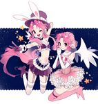  ;d absurdres ahoge angel_wings animal_ears antenna_hair boots bunny_ears choker crop_top dress drill_hair dual_persona full_moon_wo_sagashite garter_straps gloves hat highres inhye long_hair meroko_yui multiple_girls one_eye_closed open_mouth pink_hair pleated_skirt praying short_hair simple_background skirt smile thigh_boots thighhighs v wings 