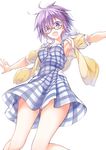  :d absurdres armpits blush bow dress eyebrows_visible_through_hair fate/grand_order fate_(series) glasses hair_bow highres jacket looking_at_viewer mash_kyrielight narumiya_(empty_cafe) open_mouth outstretched_arms plaid plaid_dress purple_eyes purple_hair short_hair simple_background sleeveless sleeveless_dress smile solo spiked_hair white_background yellow_jacket 