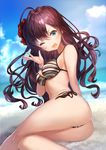  :3 ;d ass bad_id bad_pixiv_id beach bikini blue_eyes breasts brown_hair commentary_request day earrings feet_out_of_frame hair_ornament heart heart-shaped_pupils highres ichinose_shiki idolmaster idolmaster_cinderella_girls jewelry long_hair looking_at_viewer medium_breasts mia_(miaflocon) one_eye_closed open_mouth outdoors side-tie_bikini smile solo striped striped_bikini swimsuit symbol-shaped_pupils wavy_hair 