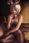  animal_ears bare_shoulders battle_bunny_riven blue_eyes breast_squeeze breasts bunny_ears bunnysuit cleavage couch detached_collar embers highres hoo_bamon large_breasts league_of_legends pantyhose realistic short_hair solo thumb_to_mouth white_hair 