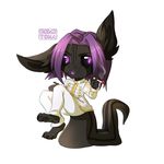  4_toes 5_fingers anthro barefoot black_fur cat clothed clothing feline fur hair male mammal purple_eyes purple_hair rikitoka simple_background smoking solo toes white_background 