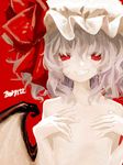 bat_wings chabi_(amedama) collarbone covering_nipples dated eyelashes fangs fingernails flat_chest frilled_hat frills grin hair_between_eyes hat hat_ribbon jpeg_artifacts lavender_hair looking_at_viewer mob_cap nostrils nude red_background red_eyes remilia_scarlet ribbon ribs short_hair simple_background smile solo teeth touhou upper_body wavy_hair white_hat wings 