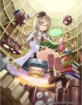  blonde_hair blush book boots cardfight!!_vanguard coat company_name cup full_body gears glasses jewelry long_hair low_twintails miniskirt necklace official_art sitting skirt solo steam_maiden_mesh-kia tadokoro_teppei teacup twintails yellow_eyes 