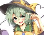  blurry blush bow commentary_request depth_of_field eyebrows_visible_through_hair green_eyes green_hair hair_between_eyes hat hat_bow heart heart_of_string komeiji_koishi looking_at_viewer neko_pachi open_mouth simple_background smile solo third_eye touhou upper_body white_background 