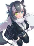  absurdres animal_ears between_breasts black_hair blue_eyes blush breasts fur_collar gloves grey_wolf_(kemono_friends) heterochromia highres kemono_friends large_breasts long_hair long_sleeves looking_at_viewer multicolored_hair necktie necktie_between_breasts omucchan_(omutyuan) open_mouth paper pen simple_background skirt solo tail two-tone_hair white_background wolf_ears wolf_tail yellow_eyes 